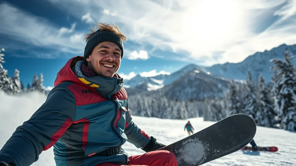 snowboarder sonriendo con su tabla de snow nueva comprada en una tienda de madrid centro